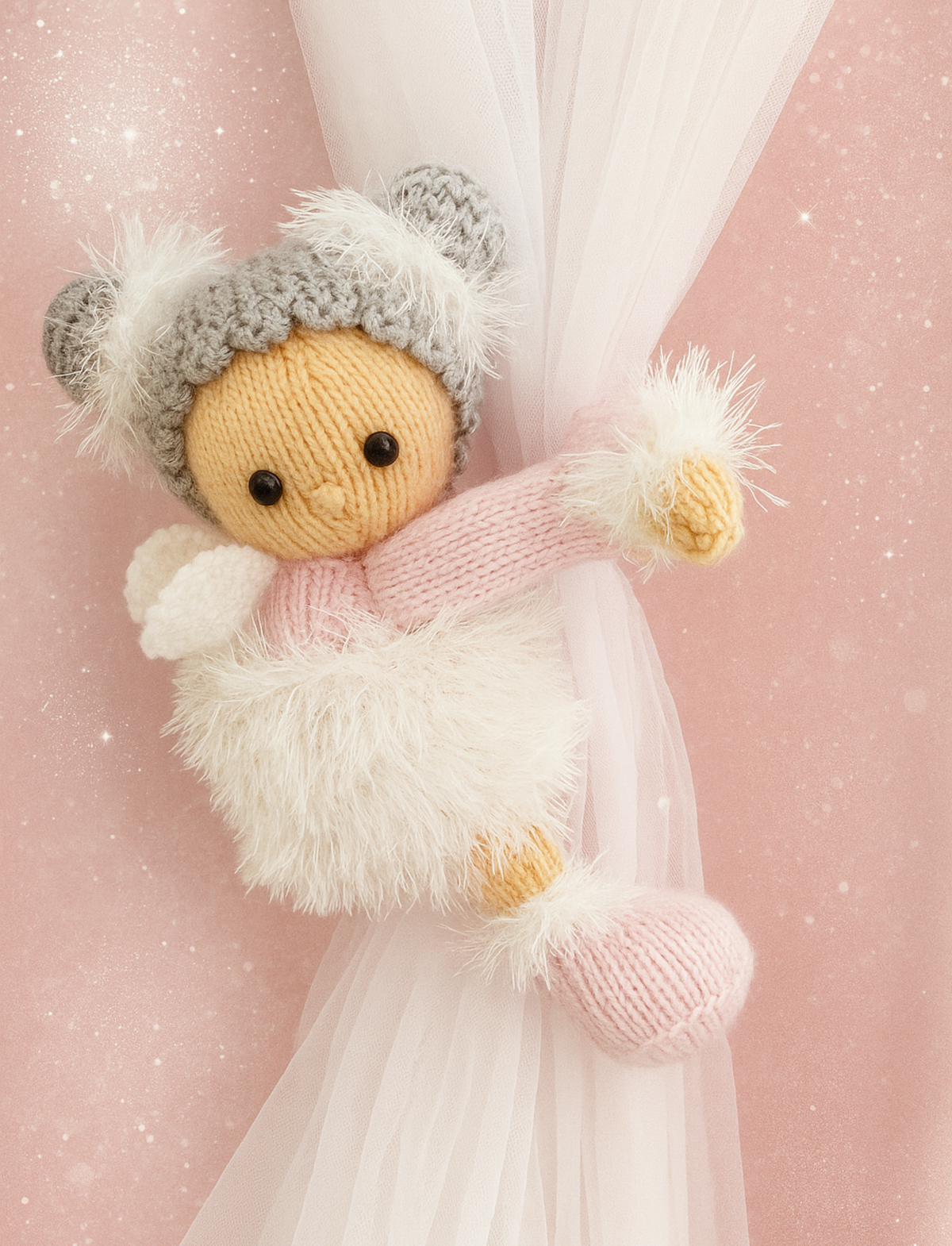 Fairy Curtain Tiebacks Knitting Pattern PDF 24 cm Nursery Fairies DK & Tinsel Chunky