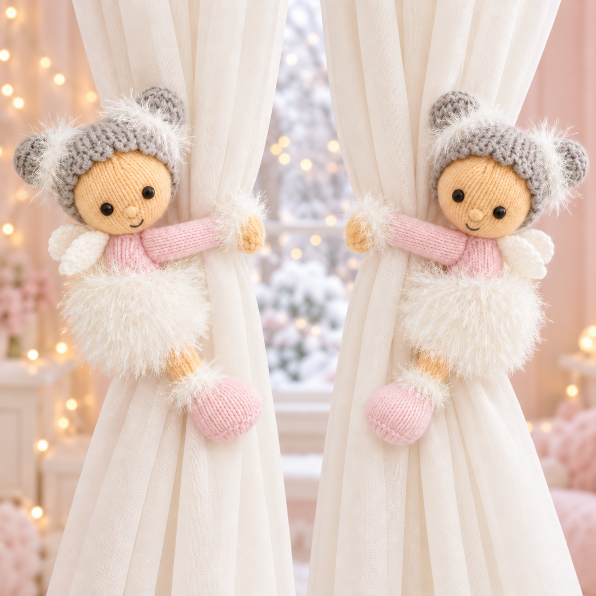 Fairy Curtain Tiebacks Knitting Pattern PDF 24 cm Nursery Fairies DK & Tinsel Chunky