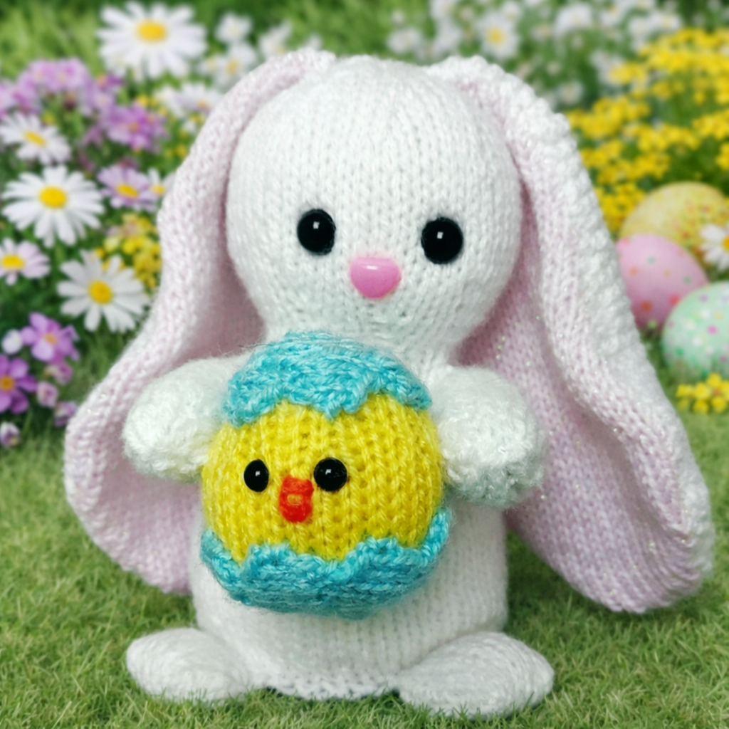 Easter Bunny Knitting Pattern PDF Chocolate Orange Cover & Stuffed Toy with Chick DK